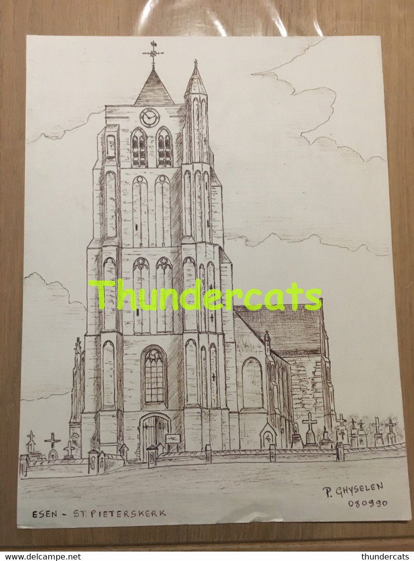 ORIGINELE GROTE TEKENING DOOR PAUL GHYSELEN GHIJSELEN 1990 ESEN ST PIETERSKERK - Dessins