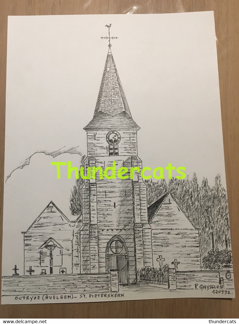 ORIGINELE GROTE TEKENING DOOR PAUL GHYSELEN GHIJSELEN 1992 OUTRYVE AVELGEM ST PIETERSKERK - Dessins