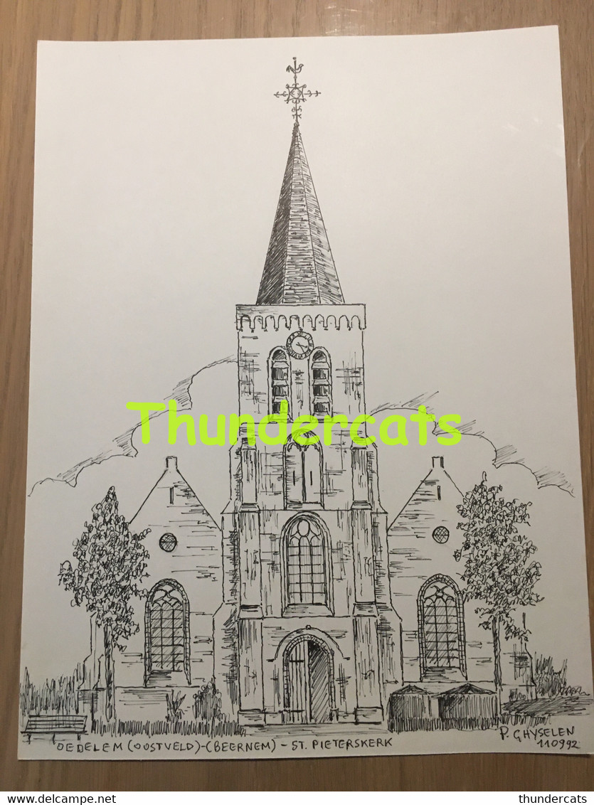 ORIGINELE GROTE TEKENING DOOR PAUL GHYSELEN GHIJSELEN 1992 OEDELEM OOSTVELD BEERNEM ST PIETERSKERK - Dessins