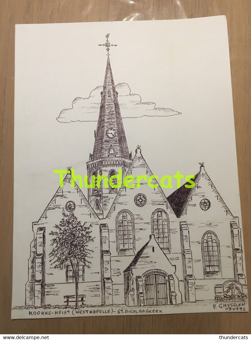 ORIGINELE GROTE TEKENING DOOR PAUL GHYSELEN GHIJSELEN 1992 KNOKKE HEIST WESTKAPELLE ST NICOLAASKERK - Dessins