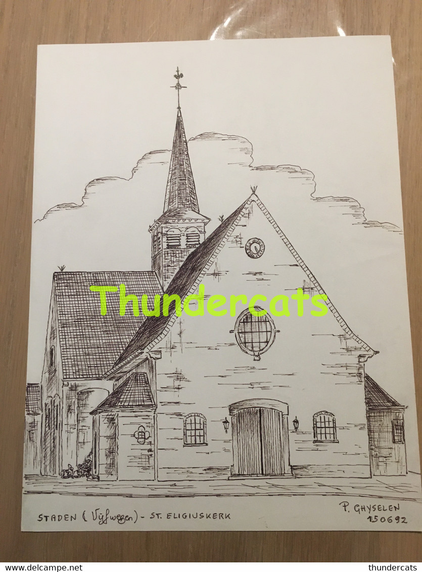 ORIGINELE GROTE TEKENING DOOR PAUL GHYSELEN GHIJSELEN 1992 STADEN VIJFWEGEN ST ELIGIUSKERK - Dessins