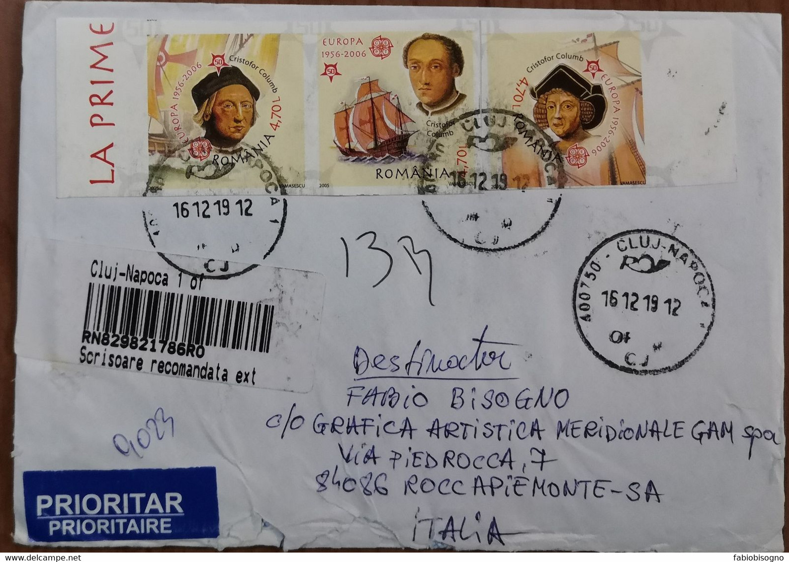 2019 Romania - Cristofor Columb 4,70 X 3 -  Imperforated Used Stamps On Registered Priority Mail - Cartas & Documentos