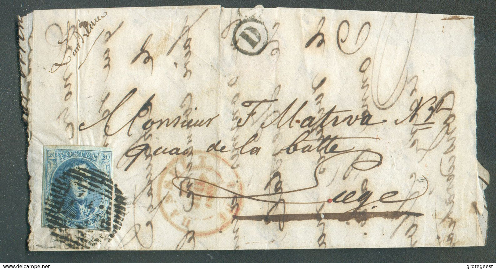 N°7 - Médaillon 20 Centimes Bleu Obl. P.57 Sur Lettre Incomplète  De HASSELT Le 10 Juillet 1854 + Boîte D  Vers Liège - - 1851-1857 Medallions (6/8)