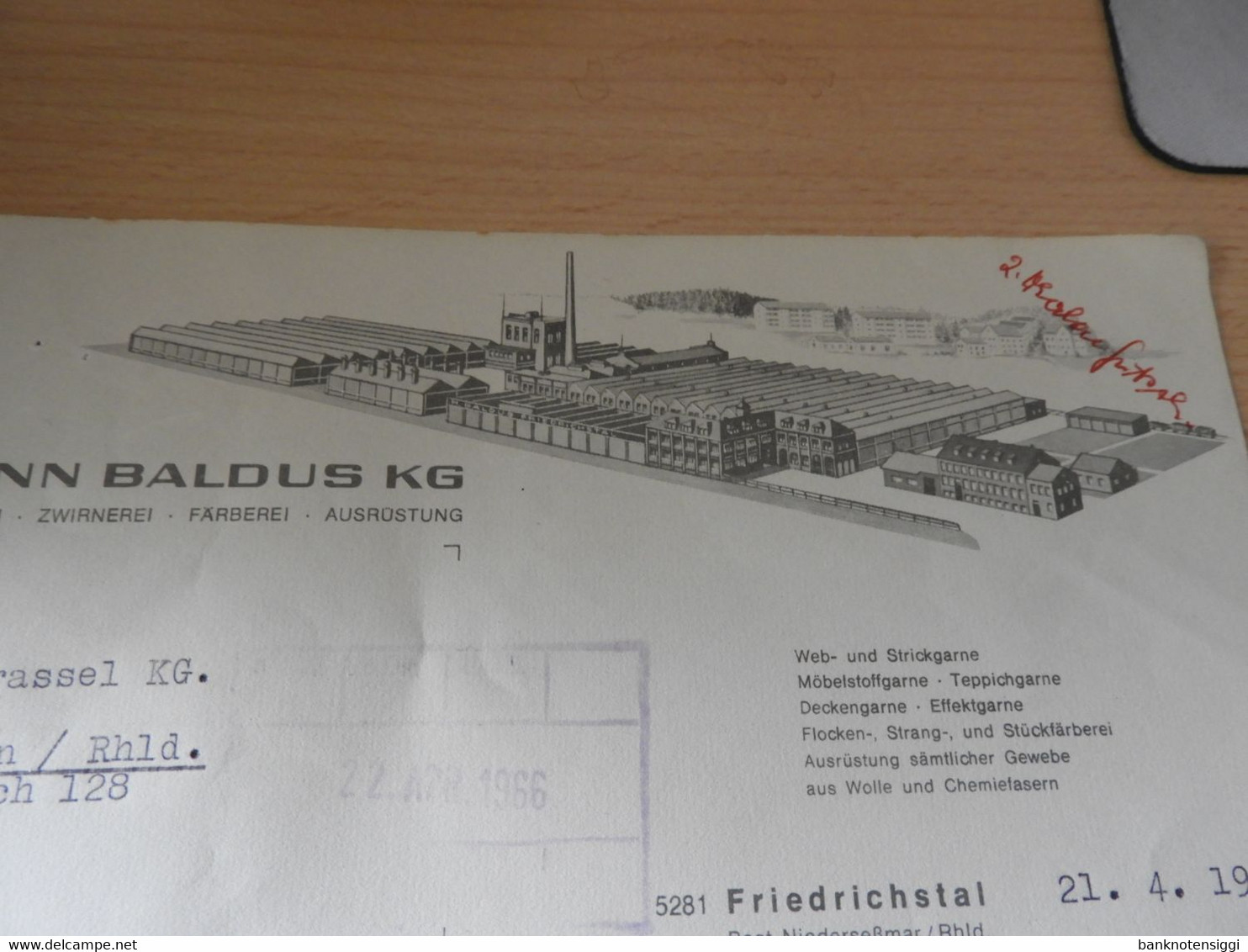 Alte Original Rechnung Hermann Baldus KG. Streichgarnspinnerei  Friedrichstal 1966 - Kleding & Textiel