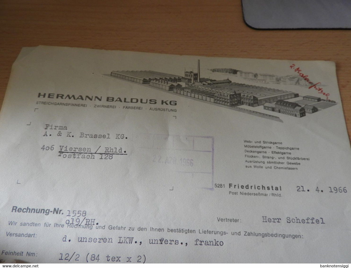 Alte Original Rechnung Hermann Baldus KG. Streichgarnspinnerei  Friedrichstal 1966 - Kleidung & Textil