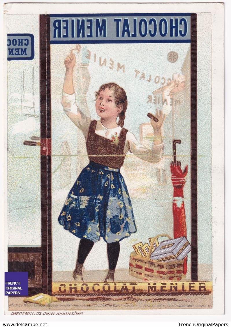 Rare Chromo Chocolat Menier Imp. Camis Paris - Petite Fille écriture Vitrine épicerie - Calligraphie / Affiche A41-7 - Menier