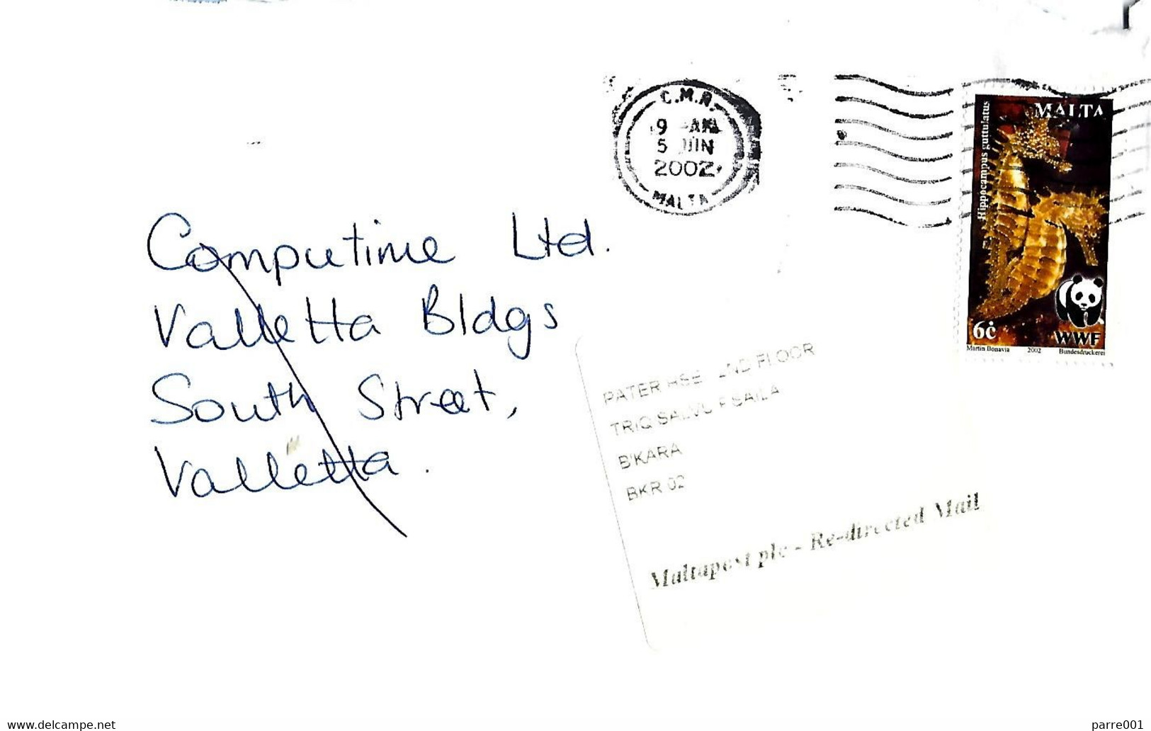Malta 2002 Valletta WWF Long-snouted Seahorse Hippocampus Guttulatus Redirected Domestic Cover - Briefe U. Dokumente