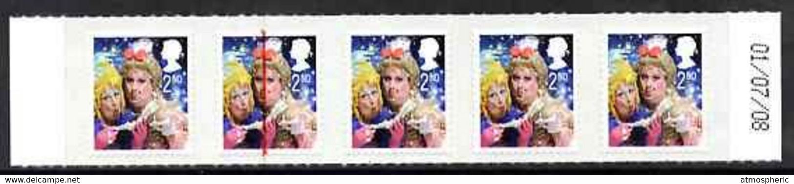 81456    GB 2008 Christmas 2nd Class Self Adhesive Strip Of 5 (Ugly Sisters) With Fine Doctor Blade Flaw - Errors, Freaks & Oddities (EFOs