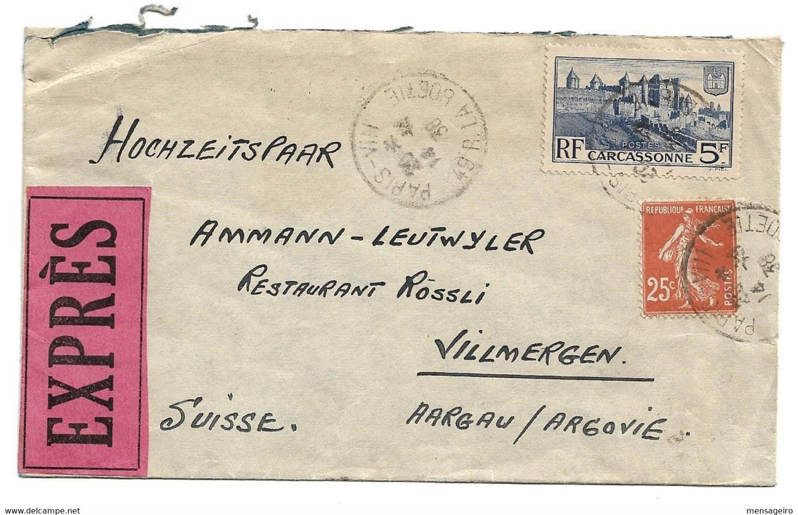 (C09) - Y&T N° 392+235  LETTRE EXPRES PARIS BOETIE =>SUISSE 1938 TARIF 1-20 DU 01/08/1937 - Covers & Documents