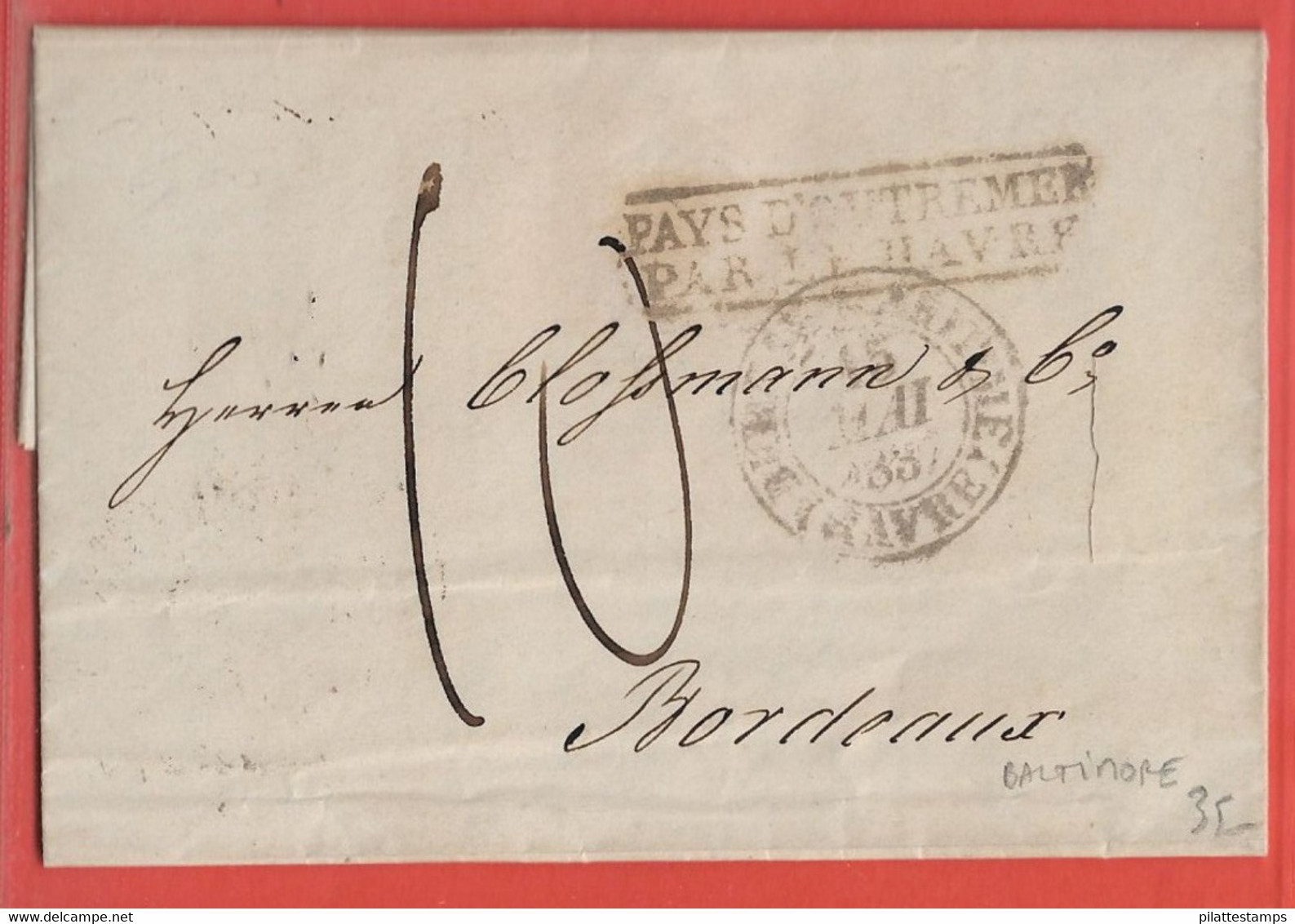 ETATS UNIS LETTRE DE 1837 DE BALTIMORE POUR BORDEAUX FRANCE - …-1845 Préphilatélie