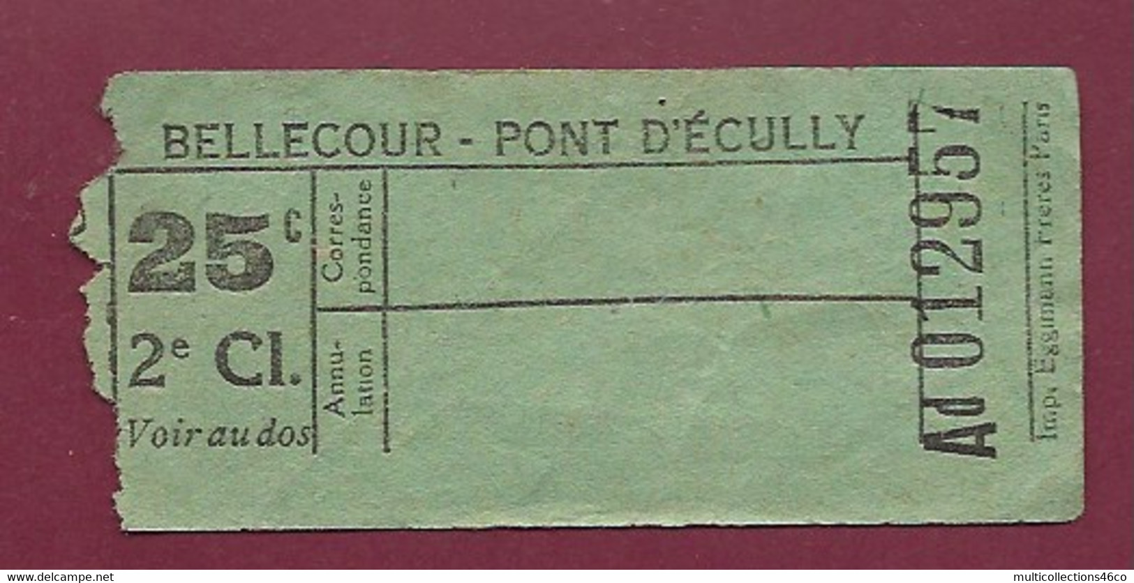 171020 - TICKET DE TRANSPORT - LYON - BELLECOUR PONT D'ECULLY 25C 2e Cl. Ad 012957 - Europe