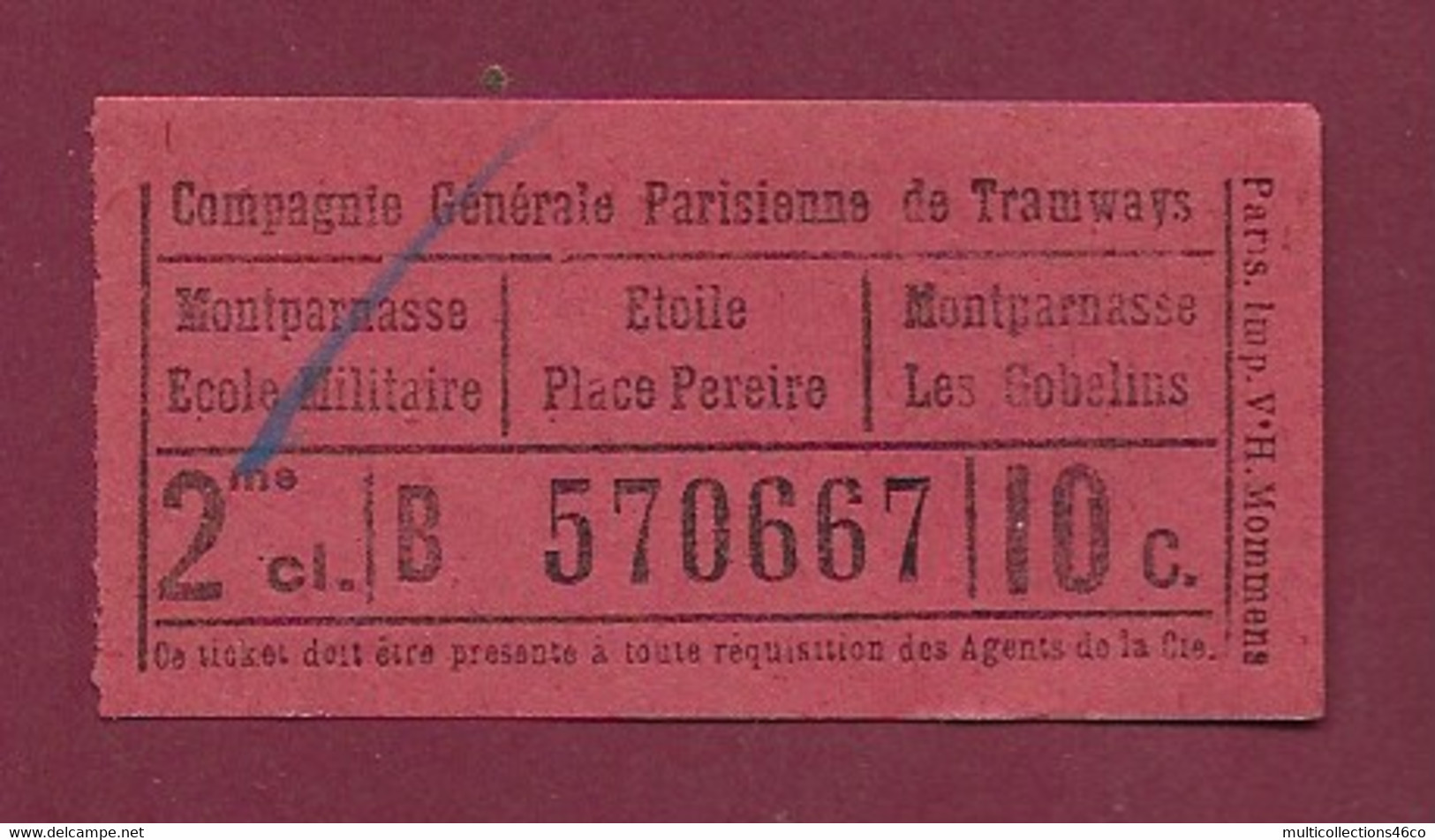 171020 - TICKET COMPAGNIE GENERALE PARISIENNE DE TRAMWAYS 2me Cl B570667 10c Montparnasse Ecole Militaire - Europe