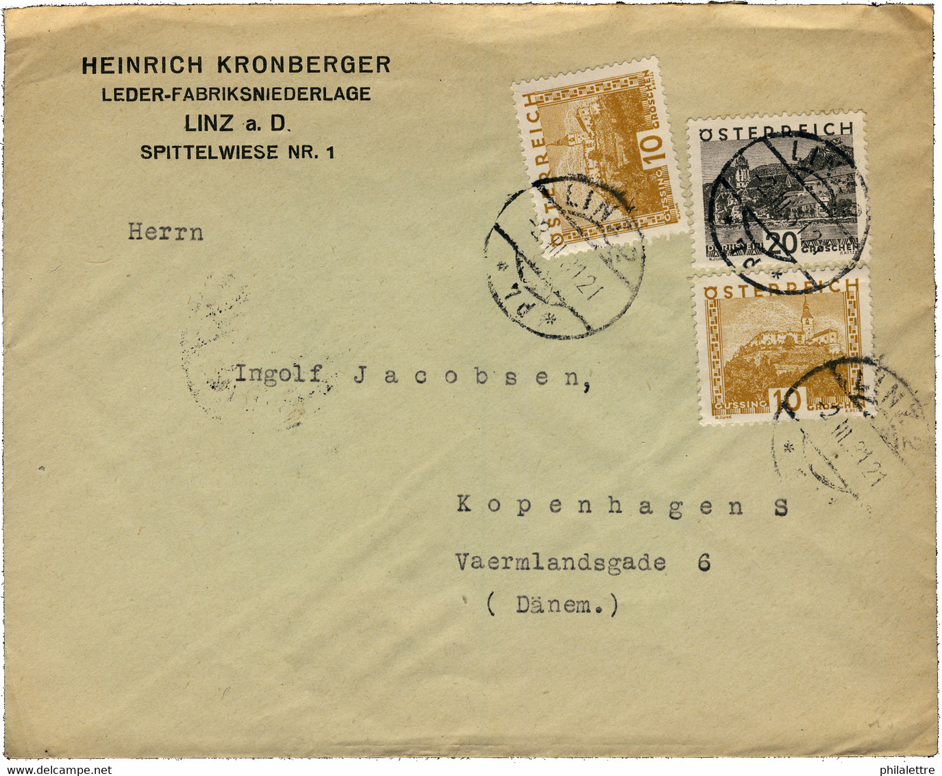 AUTRICHE / AUSTRIA / ÖSTERREICH -1931 Mi.498 (x2) & 503 On LINZ-COPENHAGEN COVER - Lettres & Documents