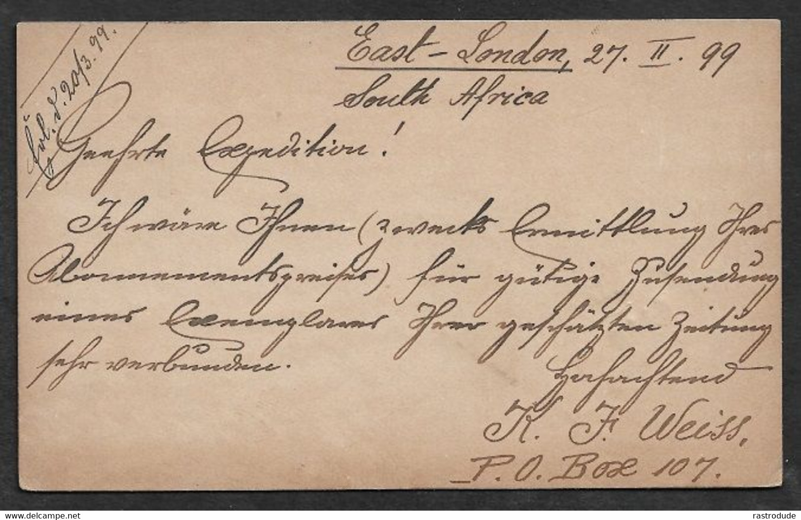 1899 27 FEB-  CAPE OF GOOD HOPE 1d PSC USED - EAST LONDON C.G.H To BERLIN, ARRIVAL - Cape Of Good Hope (1853-1904)