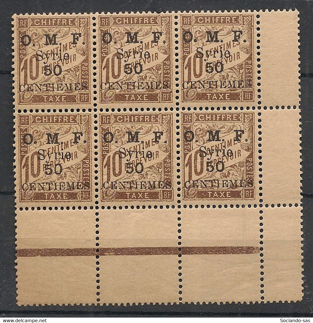 Syrie - 1921 - Taxe N°Yv. 9 - 50c Sur 10c Brun - Bloc De 6 Bord De Feuille - Neuf Luxe ** / MNH / Postfrisch - Postage Due
