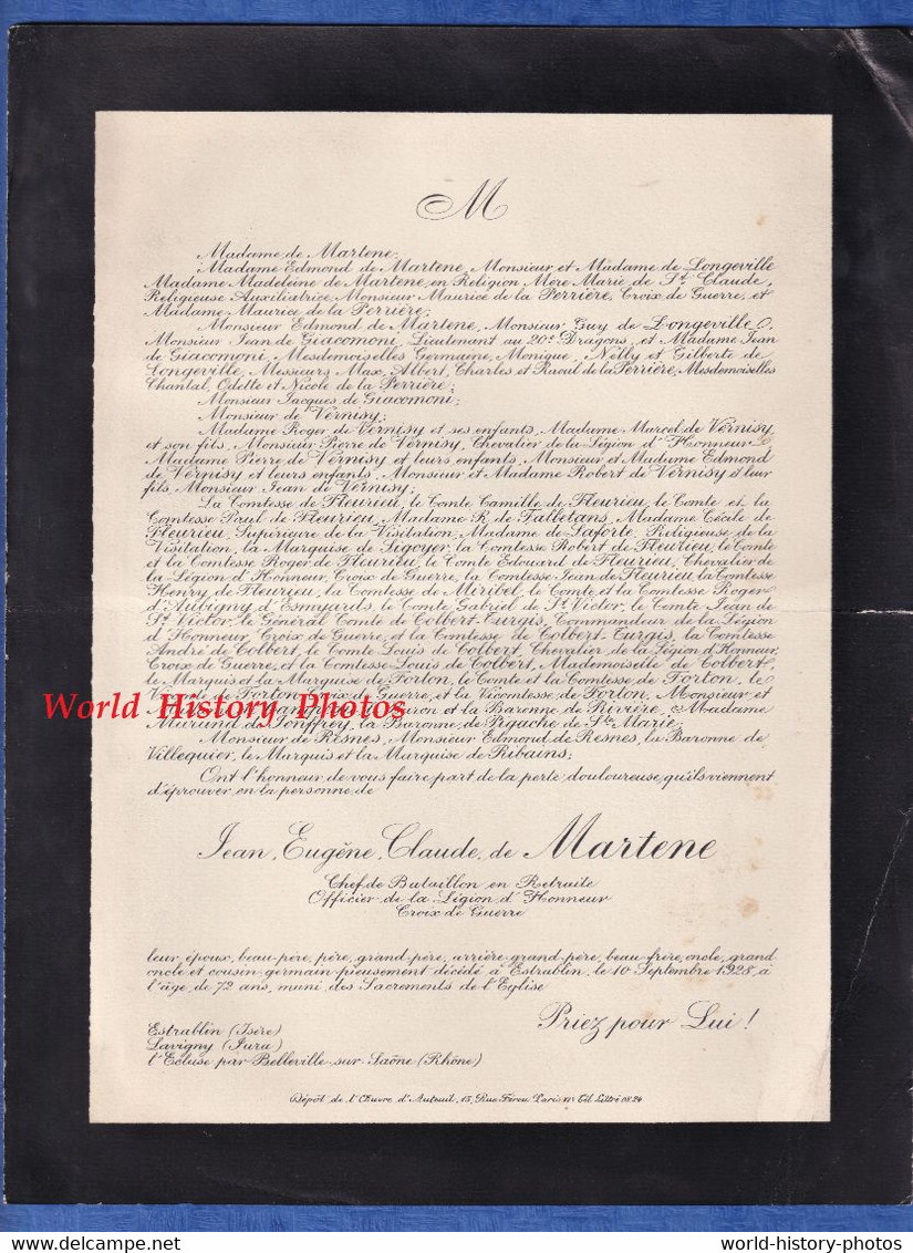 Document De 1927 - ESTRABLIN ( Isère ) - Jean Eugène Claude De MARTENE - Officier / Chef De Bataillon / Poilu WW1 - Documenti