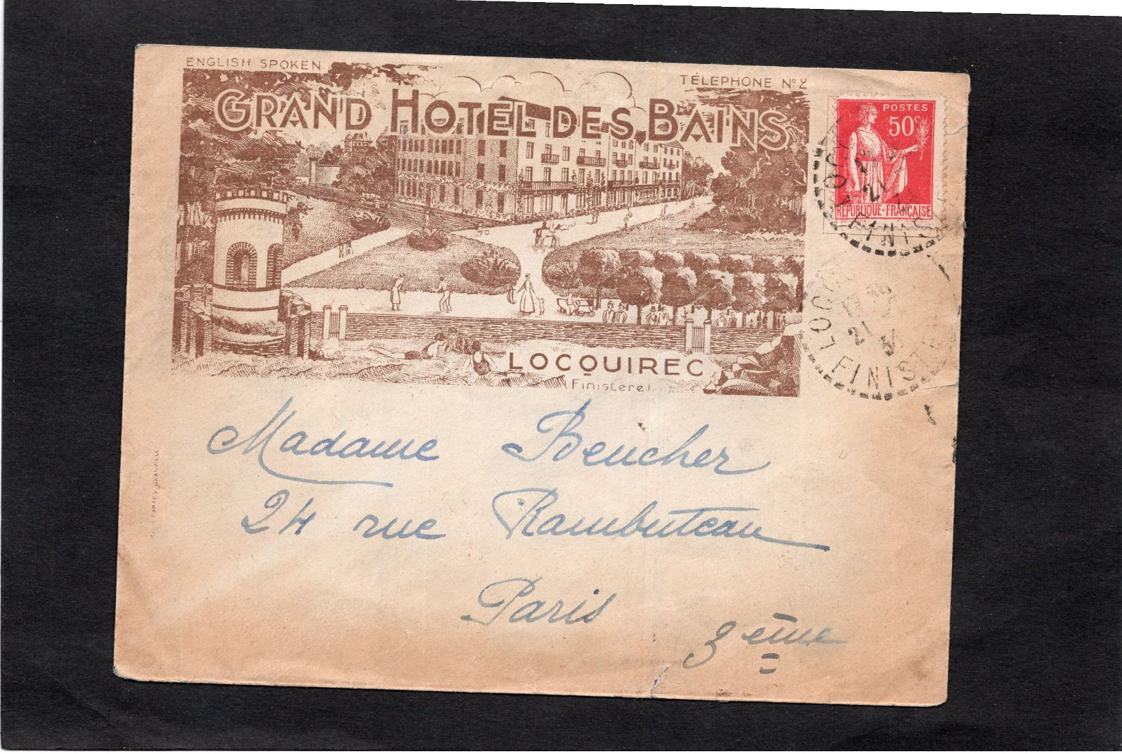 LSC 1934 - Enveloppe Illustrée  - GRAND HOTEL DES BAINS à LOCOUIREC (Finistère) & Cachet Perlé LOCOUIREC - 1921-1960: Periodo Moderno