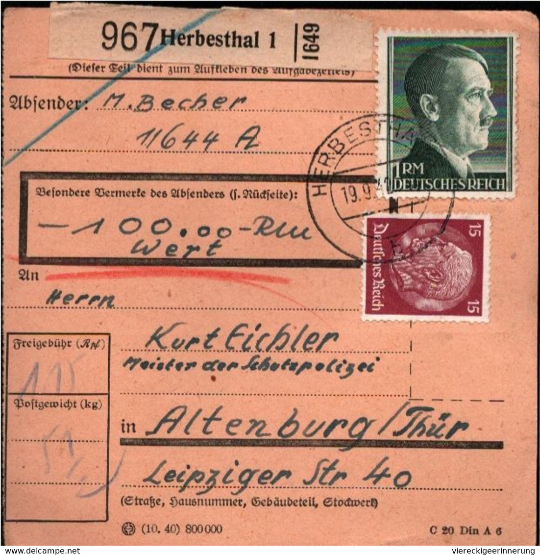 ! 1942 Herbesthal, Belgien Nach Altenburg, Paketkarte, Deutsches Reich, 3. Reich - Covers & Documents