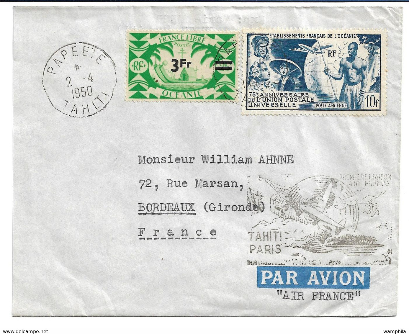 Océanie Première Liaison Aérienne Par Air France 2/4/1950 - Storia Postale