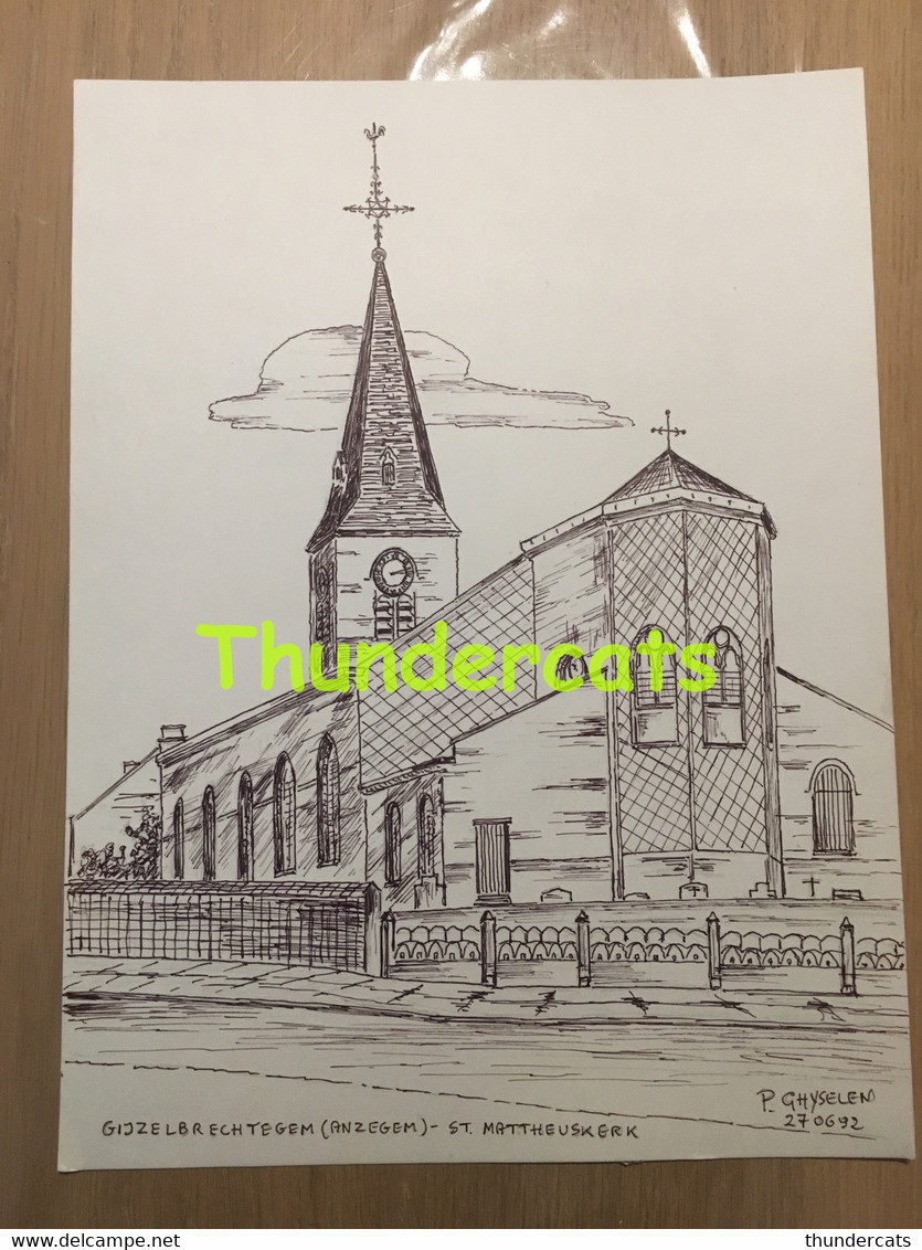 ORIGINELE GROTE TEKENING DOOR PAUL GHYSELEN GHIJSELEN 1992 ANZEGEM GIJZELBRECHTEGEM ST MATTHEUSKERK - Dessins