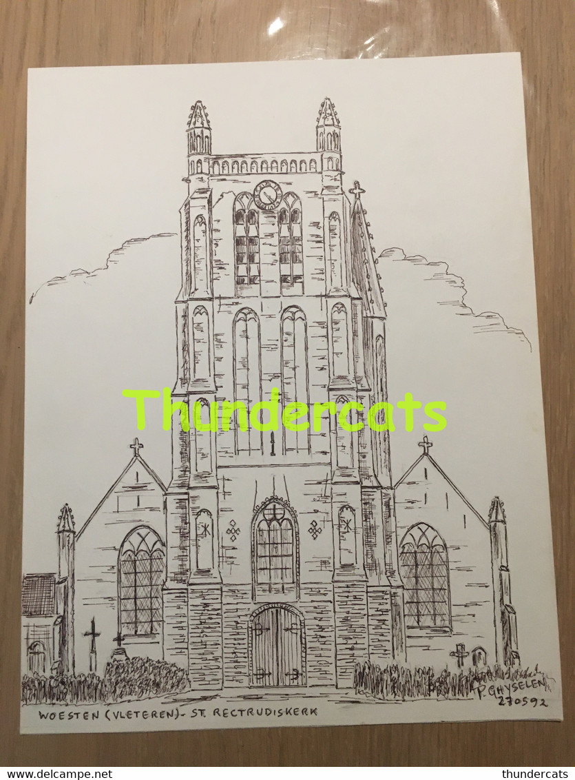 ORIGINELE GROTE TEKENING DOOR PAUL GHYSELEN GHIJSELEN 1992 WOESTEN VLETEREN ST RECTRUDISKERK - Dessins