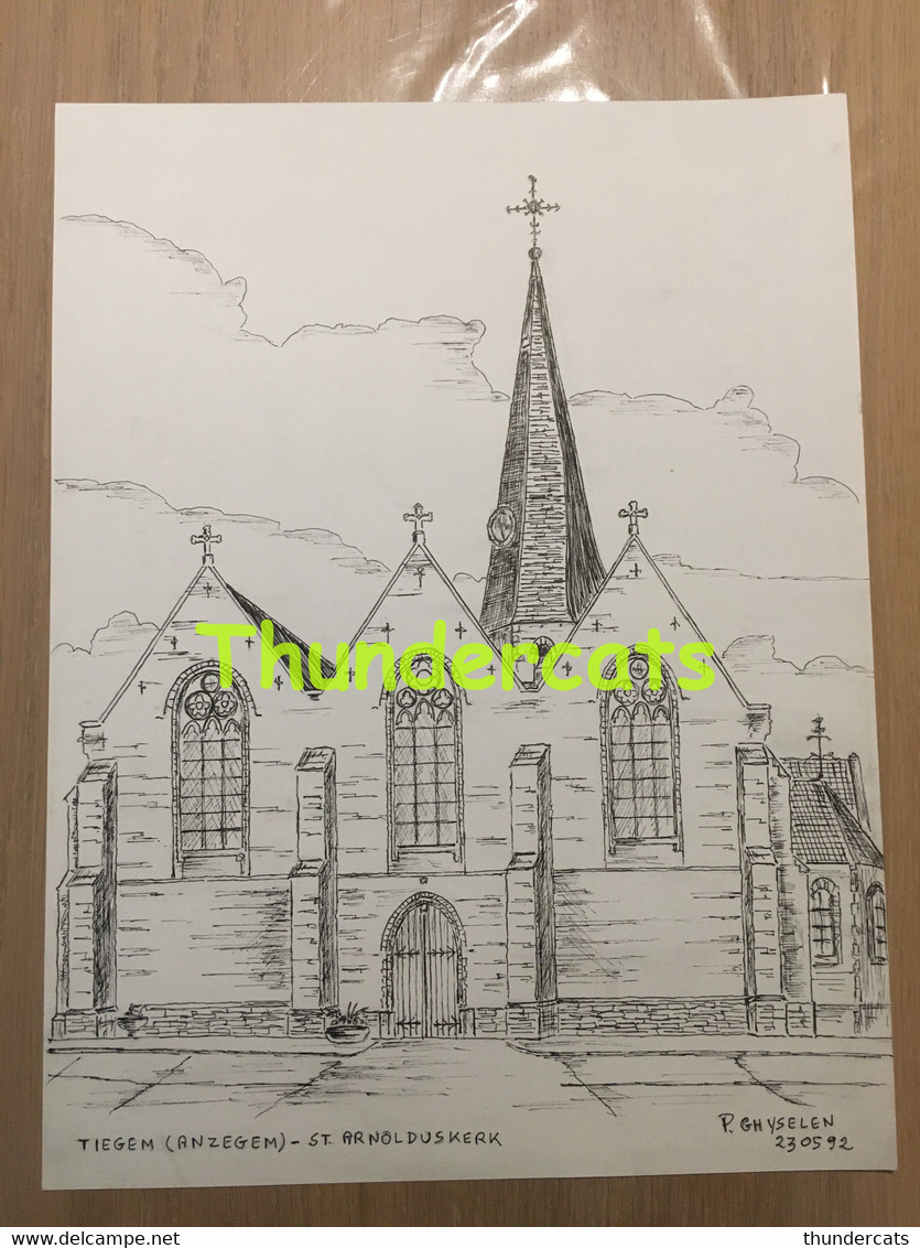 ORIGINELE GROTE TEKENING DOOR PAUL GHYSELEN GHIJSELEN 1992 TIEGEM ANZEGEM ST ARNOLDUSKERK - Dessins