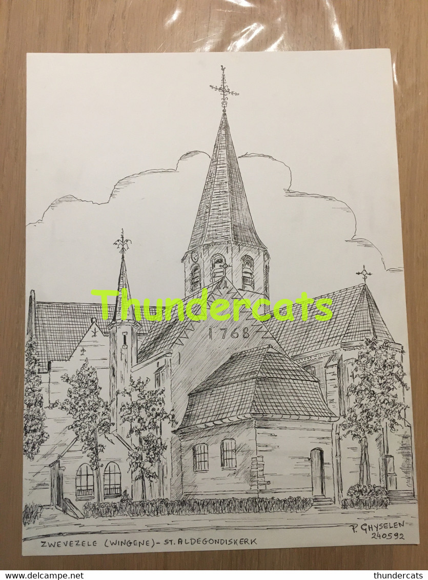 ORIGINELE GROTE TEKENING DOOR PAUL GHYSELEN GHIJSELEN 1992 ZWEVEZELE WINGENE ST ALDEGONISKERK - Dessins