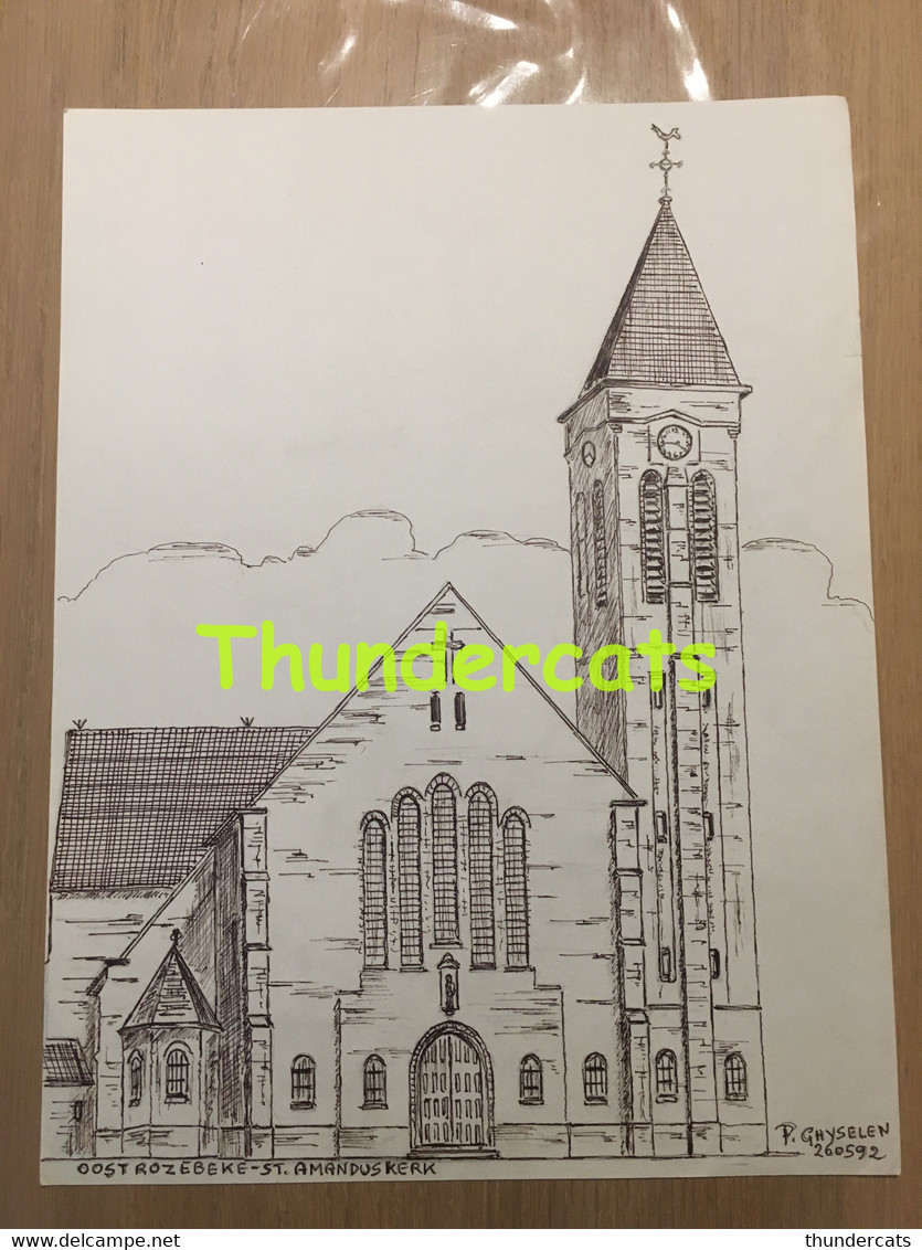 ORIGINELE GROTE TEKENING DOOR PAUL GHYSELEN GHIJSELEN 1992 OOSTROZEBEKE ST AMANDUSKERK - Dessins