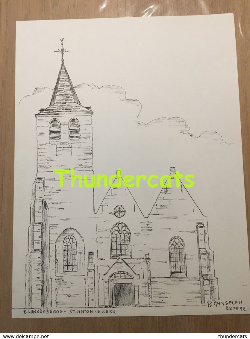 ORIGINELE GROTE TEKENING DOOR PAUL GHYSELEN GHIJSELEN 1992 BLANKENBERGHE BLANKENBERGE ST ANTONIUSKERK - Dessins