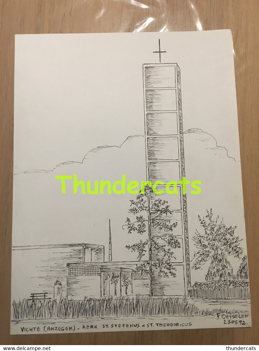 ORIGINELE GROTE TEKENING DOOR PAUL GHYSELEN GHIJSELEN 1992 VICHTE ANZEGEM KERK ST STEFANUS & ST THEODORICUS - Dessins