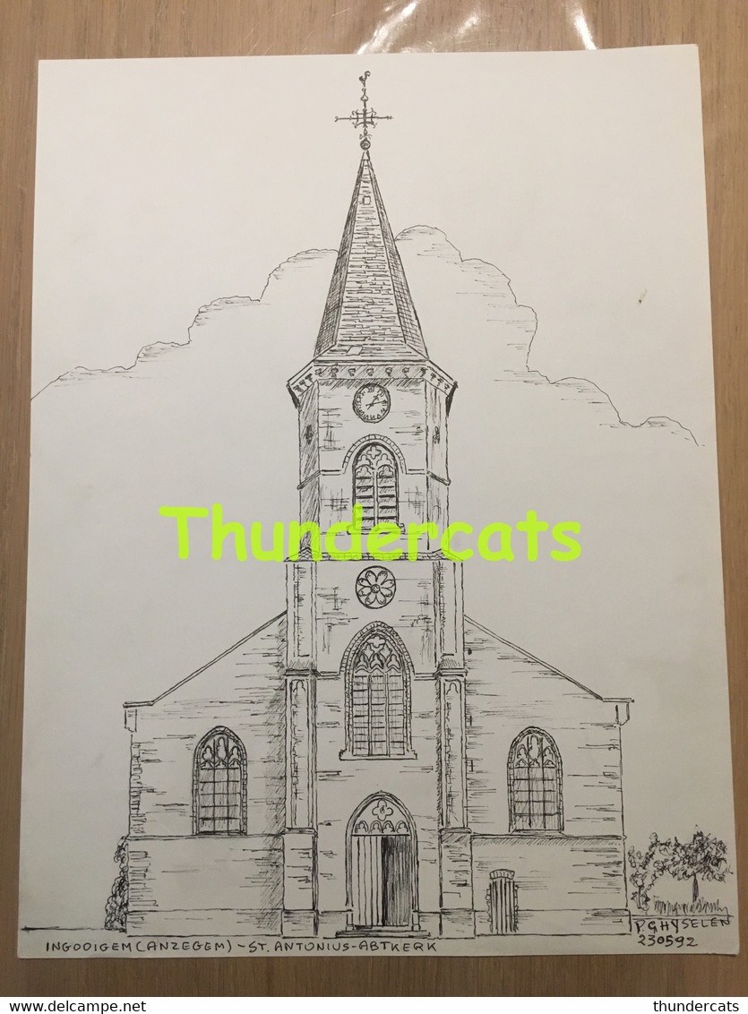 ORIGINELE GROTE TEKENING DOOR PAUL GHYSELEN GHIJSELEN 1992 INGOOIGEM ANZEGEM ST ANTONIUS ABTKERK - Dessins