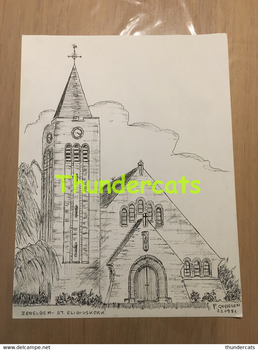 ORIGINELE GROTE TEKENING DOOR PAUL GHYSELEN GHIJSELEN 1981 ZEDELGEM ST ELIGIUSKERK - Dessins