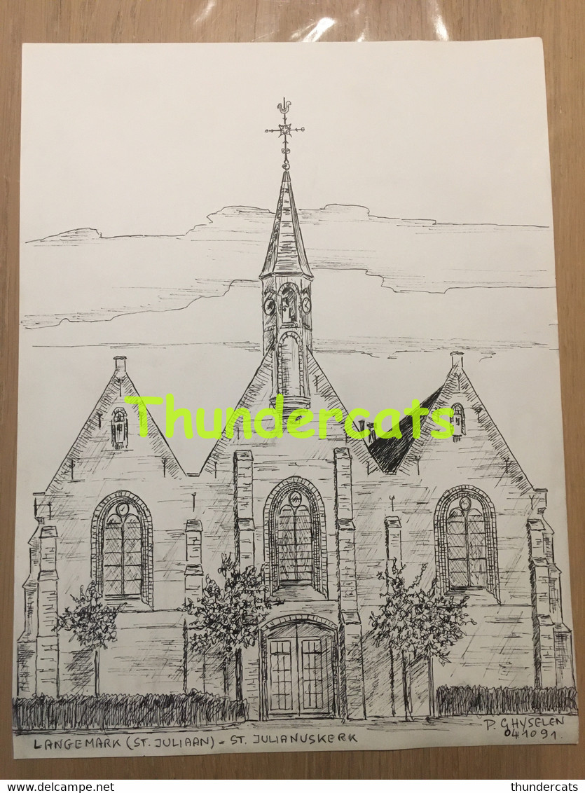 ORIGINELE GROTE TEKENING DOOR PAUL GHYSELEN GHIJSELEN 1991 LANGEMARK ST JULIAAN ST JULIANUSKERK - Dessins