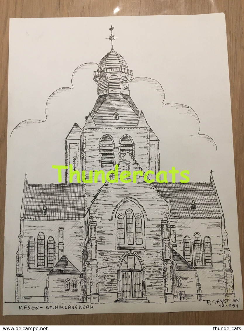 ORIGINELE GROTE TEKENING DOOR PAUL GHYSELEN GHIJSELEN 1991 MESEN ST NIKLAASKERK - Dessins