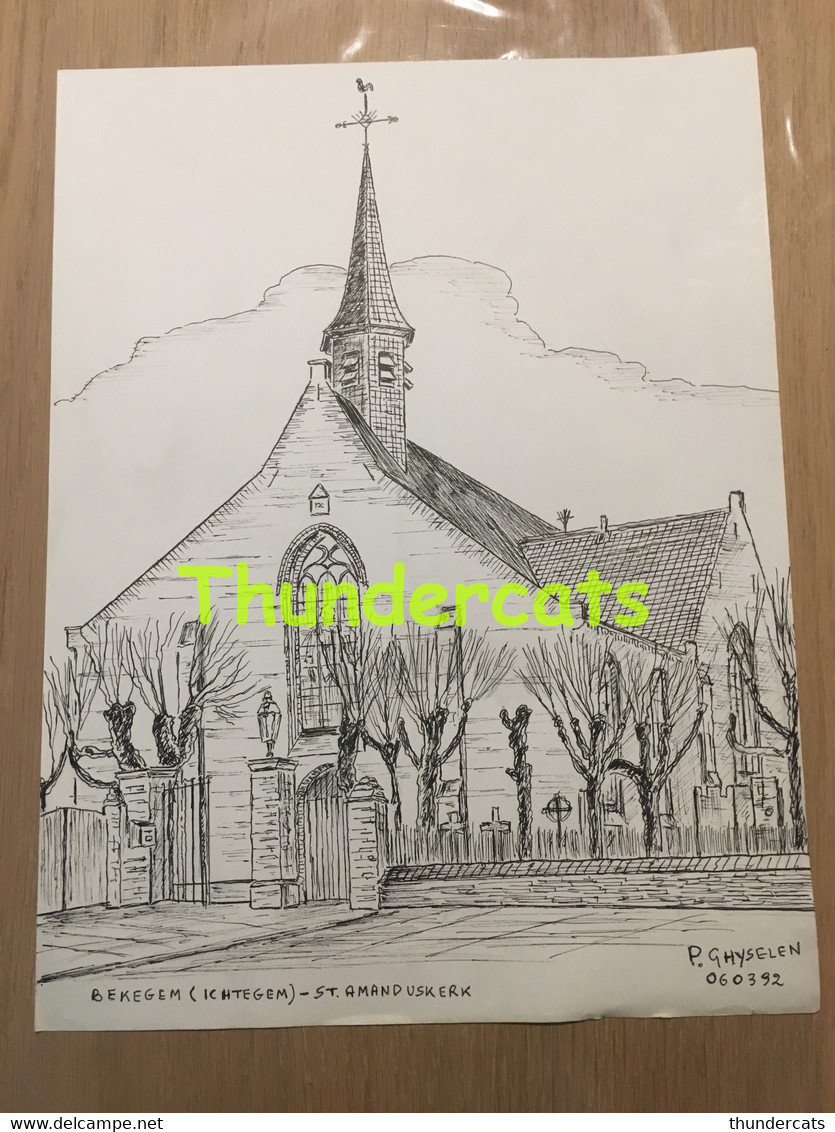 ORIGINELE GROTE TEKENING DOOR PAUL GHYSELEN GHIJSELEN 1992 BEKEGEM ICHTEGEM ST AMANDUSKERK - Dessins