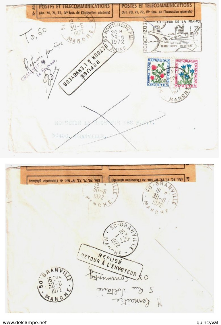 MONTLUCON Allier Lettre Non Affranchie Dest Receveur PTT 50 Granville Refuse Retour Envoyeur Taxe Fleurs Yv T 101 96 - 1960-.... Lettres & Documents
