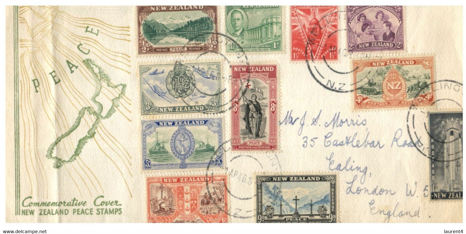 (S 22) New Zealand FDC - 1946 (posted To England) - Peace Stamps - Other & Unclassified