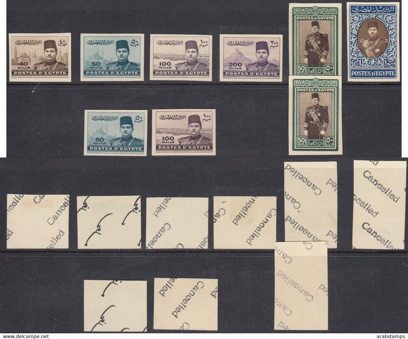 1939 Egypt King Farouk Set Royal IMPERF Proof Different Colors On Card With Cancelled 9 Values 40&50&200 Mills MLH / MNH - Unused Stamps