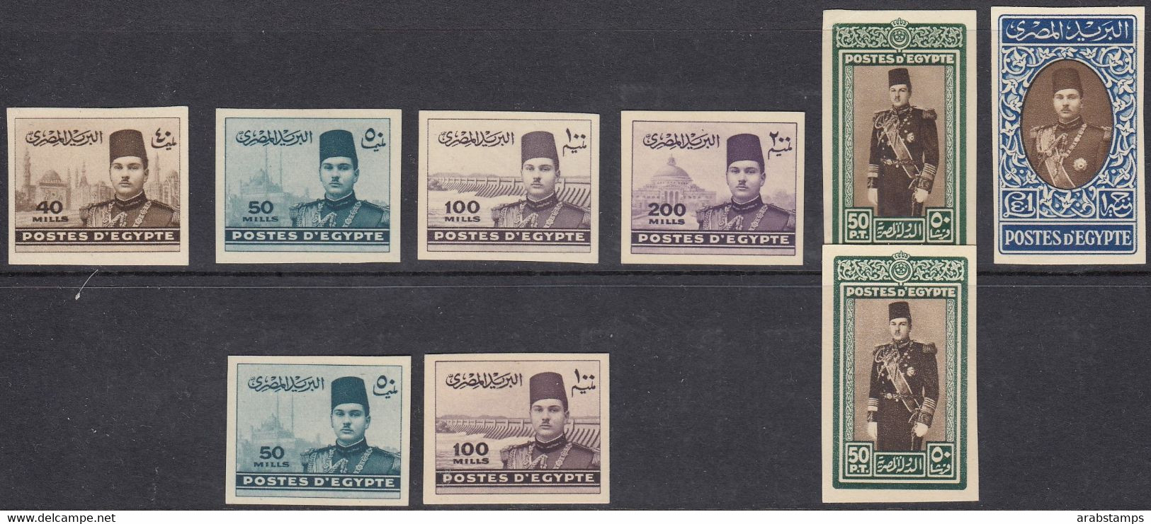 1939 Egypt King Farouk Set Royal IMPERF Proof Different Colors On Card With Cancelled 9 Values 40&50&200 Mills MLH / MNH - Ongebruikt