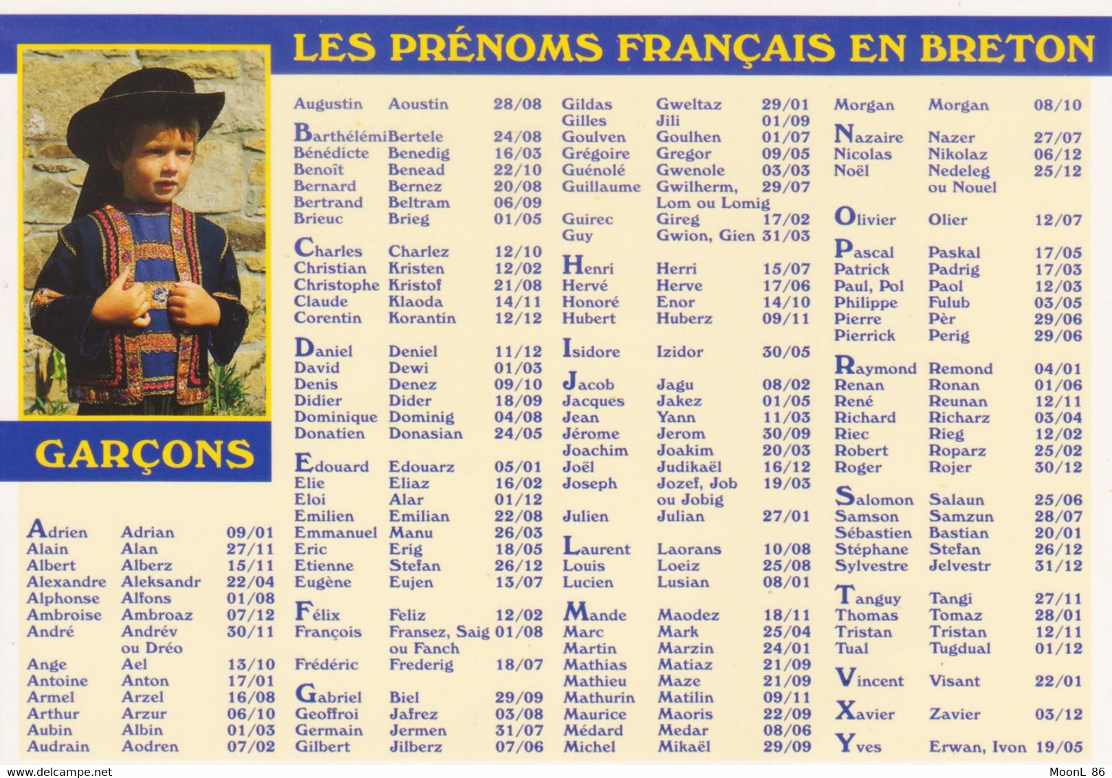 LISTE DES PRENOMS MASCULINS FRANCAIS EN BRETON ET DATE DES FETES  DES GARCONS - Prénoms