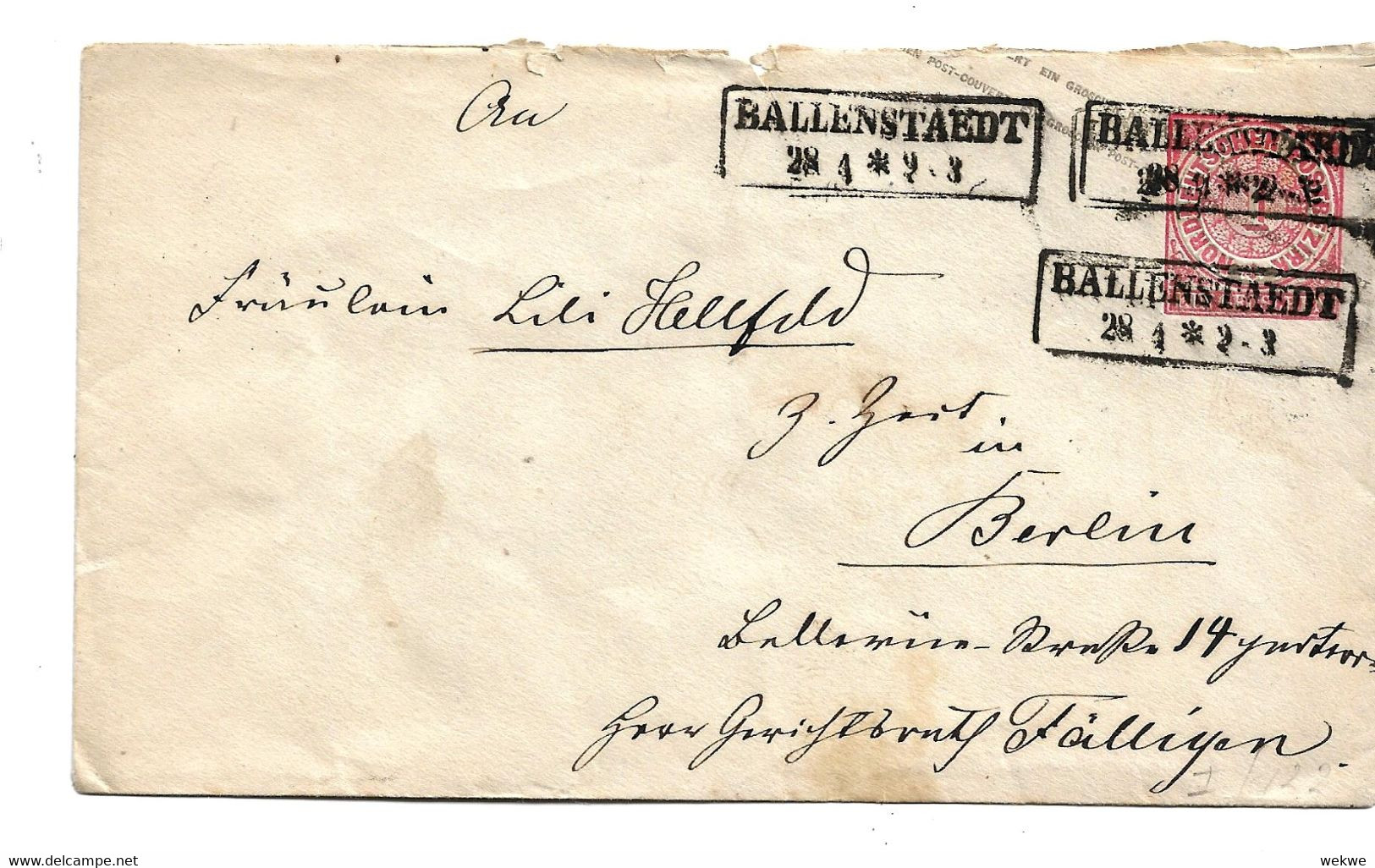 NDP182 / NORDDEUTSCHER POSTBEZIRK -Ganzsache Mit 3 Entwertungen, Ballenstadt Nach Berlin, Ca. 1870 - Ganzsachen