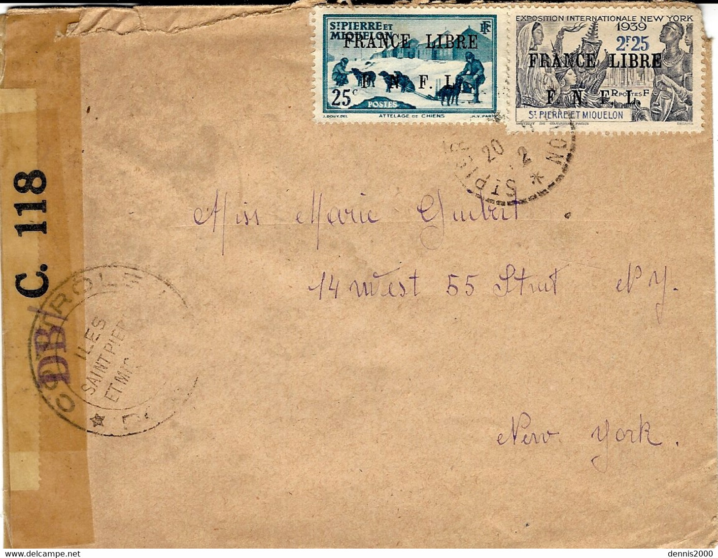 1942- Enveloppe  Affr. ST Pierre Et Miquelon   FRANCE LIBRE N°253 Et  282  Censure Américaine  DB / C. 118 - Brieven En Documenten