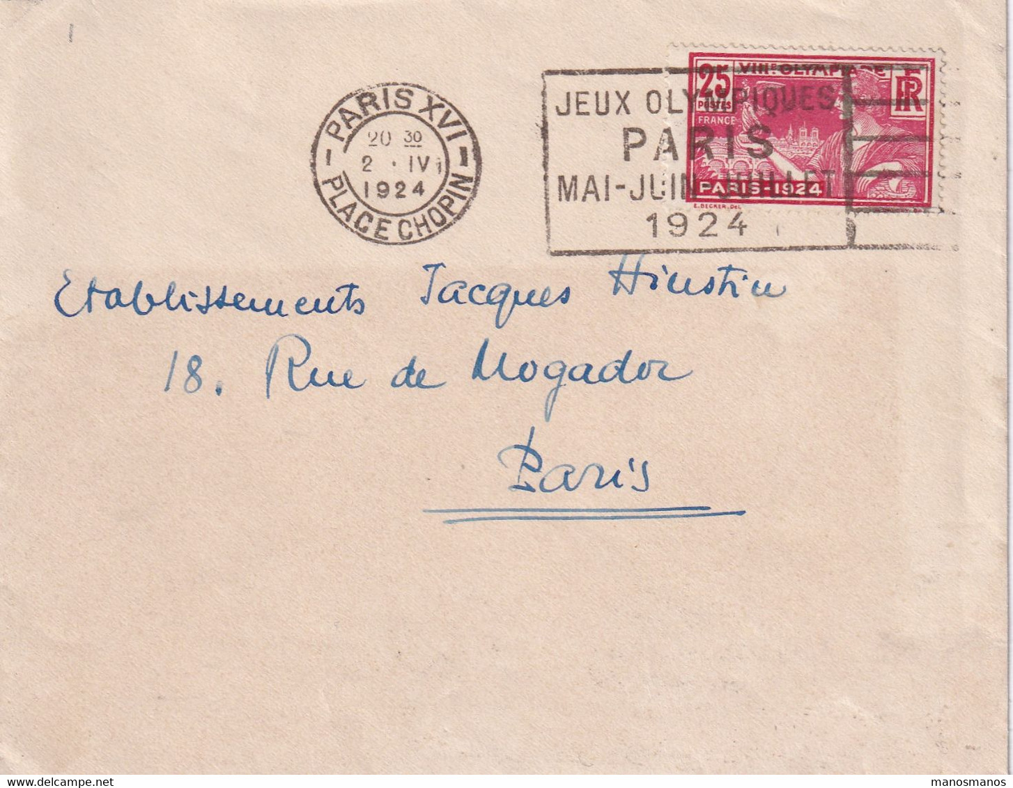 DDX 908 - J.O. PARIS 1924 - Lettre TP Jeux Olympiques Cachet Mécanique  PARIS XVI Place Chopin 1924 - LUXE !! - Ete 1924: Paris
