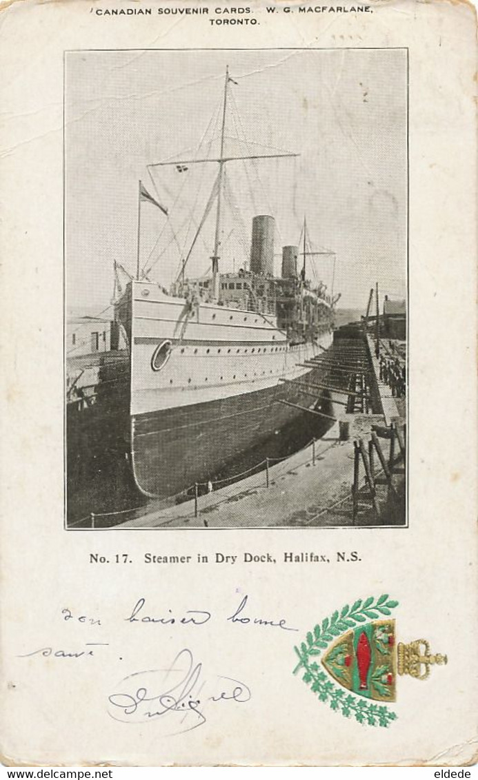 Steamer In Dry Dock Halifax NS  Embossed Coat Of Arms Blason Gaufré. Used Sydney To Osmin Lanusse Le Havre - Halifax