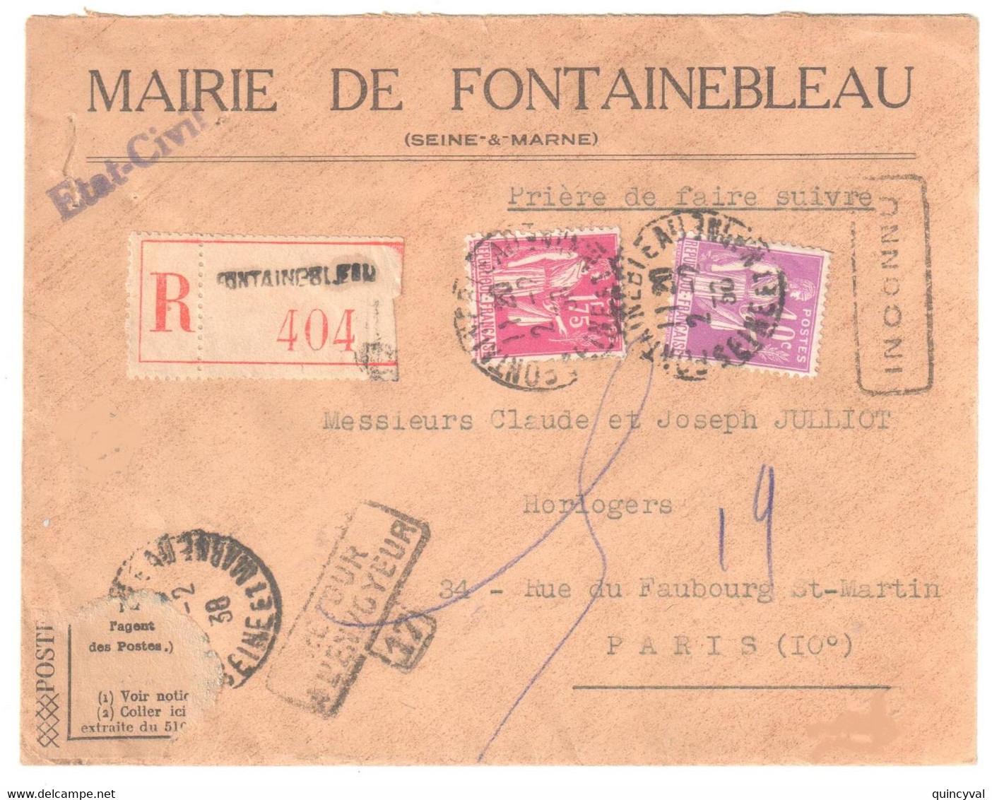 FONTAINEBLEAU Lettre Recommandée AR Entête Mairie Paix 1,75F 40c Yv 281 289 Retour Envoyeur Paris 17 Inconnu Ob 1938 - Lettres & Documents