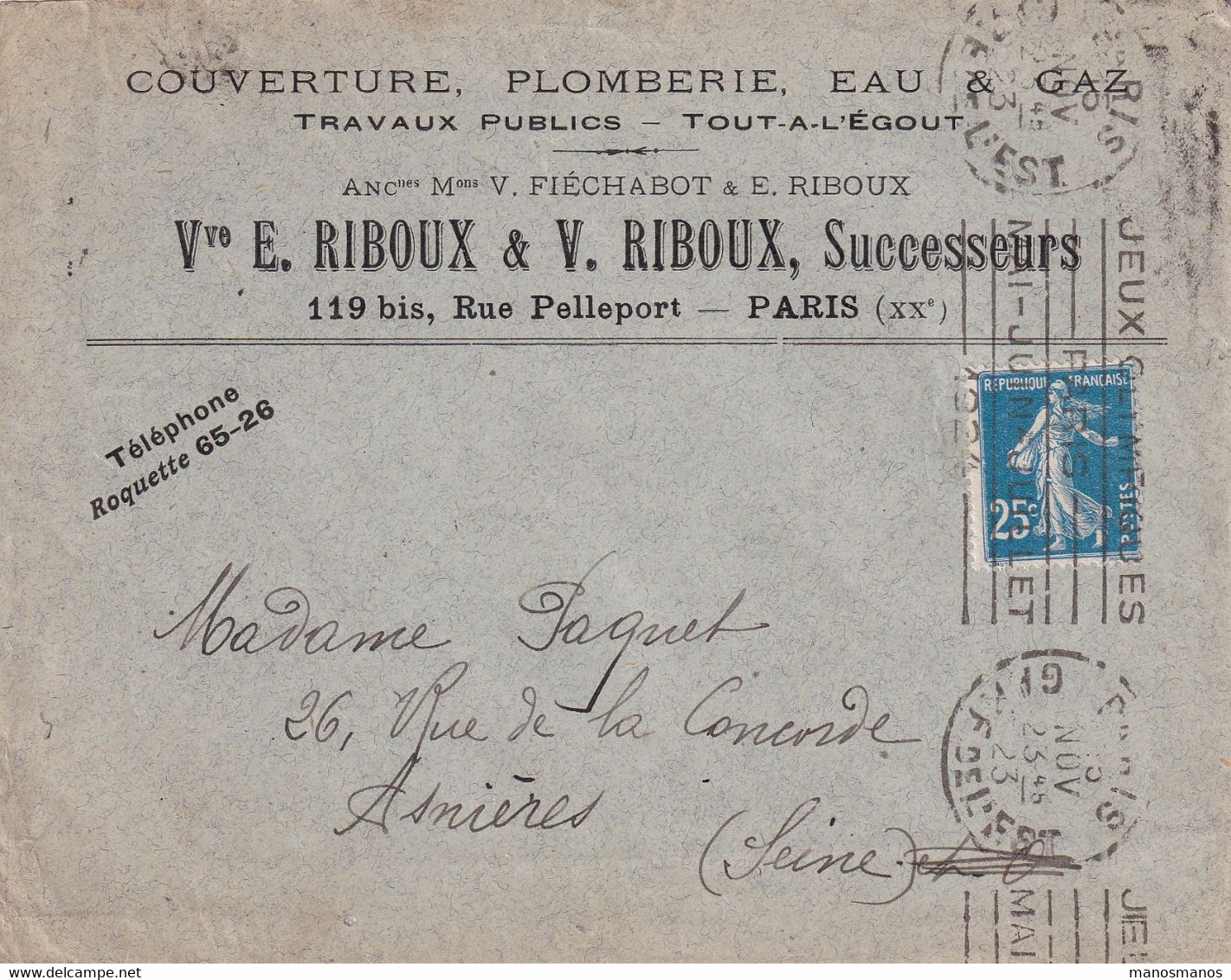 DDX 911 - J.O. PARIS 1924 - Lettre TP Semeuse Cachet Mécanique  PARIS Gare De L'Est 1924 - Summer 1924: Paris