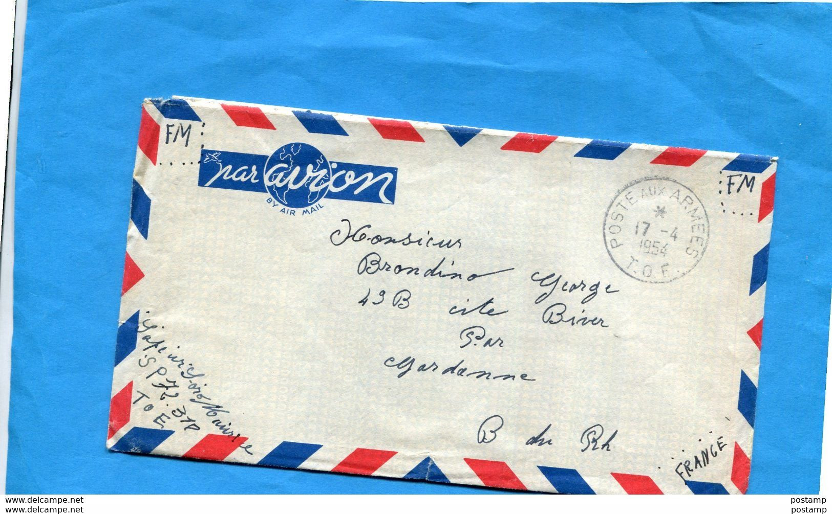 Guerre D'INDOCHINE--lettre Avion F M -pour Françe-cad Poste Aux Armées  T O E 1954--SP 72318 - War Of Indo-China / Vietnam