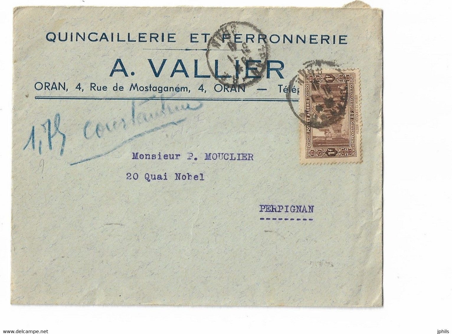 QUINCAILLERIE FERRONNERIE A VALLIER ORAN 1941 - Altri & Non Classificati