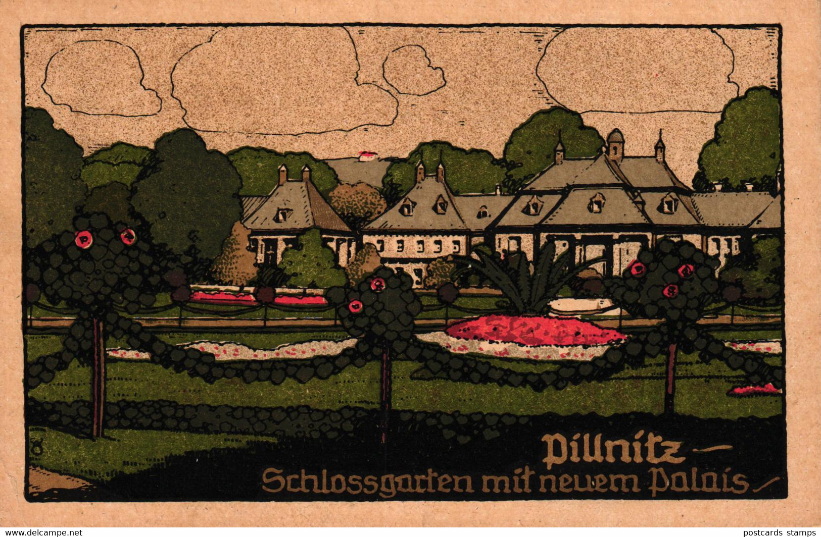 Pillnitz, Schlossgarten Mit Neuem Palais, Steindruck AK, Um 1920 - Pillnitz