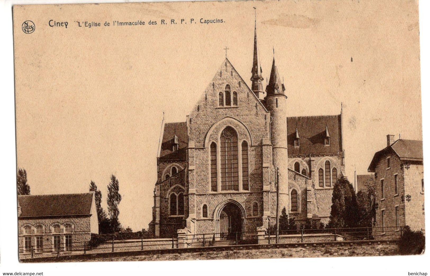 CPA NELS - PESESSE - CINEY - EGLISE DE L' IMMACULEE - CAPUCINS- ANIMEE -  COB 279 - CIRCULEE DE CINEY VERS TAMINES 1929. - Ciney